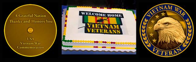 The Welcome Home cake and the commemorative pin, back and front